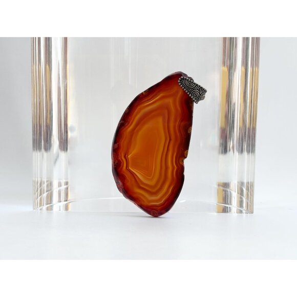 Brown Sliced Agate Stone Freeform Shaped Large Silver Toned Vintage Pendant - Picture 14 of 14